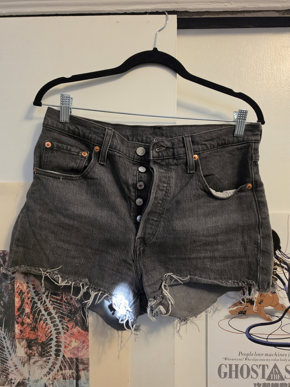 Levi's Black Distressed High-Rise Button-Fly Denim Shorts